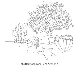 Corals formation with shell and starfish underwater outline style illustration