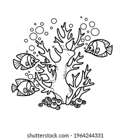 Corals grow on a tall stone and flock fishes coloring book linear drawing isolated on white background