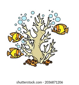 Corals grow on a tall stone and fishes object with fishes  color variation for coloring page isolated on white background