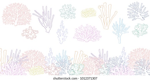 Corals hand drawn illustrations. Ocean plants and coral reef elements isolated on white. Vector corals reef graphic collection.