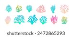 Corals, hand drawn various shapes, vector sea and ocean plants set. Colorful cartoon corals for tropical marine art decorations