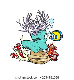 Corals and large sponges on stone  color variation for coloring page isolated on white background