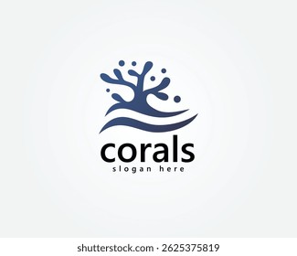 logotipo de corais,corais azuis criativos com ondas de água abaixo,modelo de design de logotipo