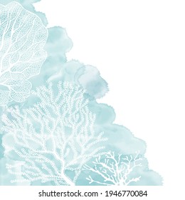 Corals on a blue watercolor background. Vector illustration with space for text. Invitation, greeting card or an element for your design.