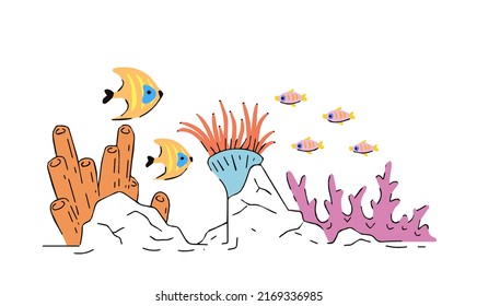 Corals on reef. Underwater plants. Exotic fish and tropical undersea animal. Flat cartoon illustration.