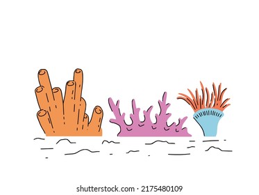 Corals on reef. Underwater plants. Exotic tropical undersea. Flat cartoon illustration