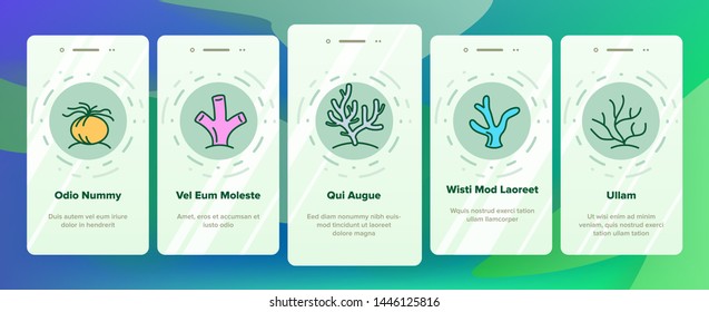 Corals Reefs And Seaweed Vector Onboarding Mobile App Page Screen. Ocean Corals, Underwater Sea Life Outline Symbols Pack. Marine Flora And Fauna. Aquarium Natural Decoration Illustrations