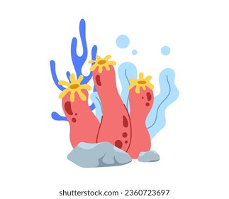 Corals with rocks concept. Colorful plants with bubles. Underwater and sea life. Red and blue flowers. Template, layout and mock up. Cartoon flat vector illustration isolated on white background