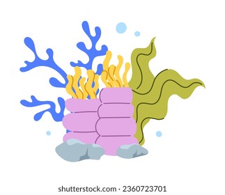 Corals with rocks concept. Colorful plants with bubles. Underwater and sea life. Flora and botany, plants. Poster or banner for website. Cartoon flat vector illustration isolated on white background
