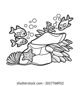 Corals, sea anemones grow on stone object with fishes coloring book linear drawing isolated on white background