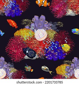 corals, sea bottom jellyfish fish vector illustration