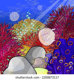 corals, sea bottom jellyfish with tentacles. vector illustration