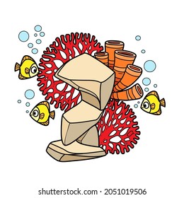 Corals and sea sponges grow on rocks surrounded by fish object  color variation for coloring page isolated on white background
