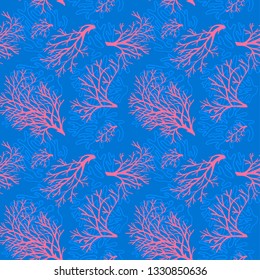 Corals seamless pattern. Coral twigs on blue background. For printing, fabric, textile, manufacturing, wallpapers. 