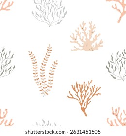 corals seamless pattern, illustration for nautical design, underwater background, marine mediterranean template for wallpaper