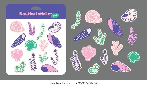 Corals, seashells and algae ocean sticker pack. Vintage botanical elements in groovy style