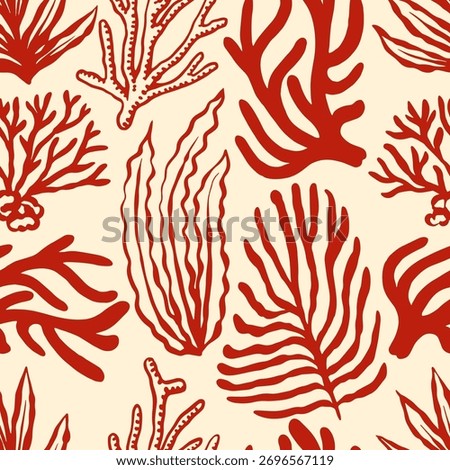Corals and seaweed seamless pattern. Abstract Botanical Illustration. Underwater sea plants and flora. Hand Drawn 