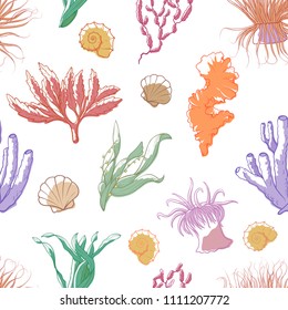 Corals and seaweed seamless pattern. Nature existing in the sea, marine ecosystems repeated decorative design. Vector illustration on white background