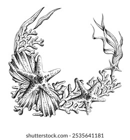 Corais, algas, conchas, corais e estrelas-do-mar. Ilustração gráfica desenhada à mão em arte de linha de cor preta e branca. Modelo de grinalda de moldura em um tema de mar