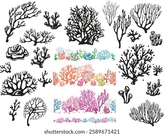 Corals and seaweed silhouette set, Aquatic plant, algae, tropical seabed vector elements and borders