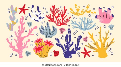 Corals and seaweed, underwater ocean flora. Cartoon marine plants of the seabed. Vintage botanical elements in retro groovy style