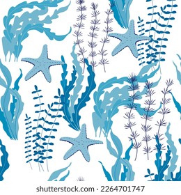 Corals and seaweed. Vector Botanical Illustration. Underwater flora, sea plants. Underwater world. Diving.  Kelp.  Seamless pattern, endless ornament. 