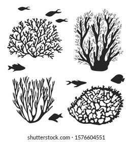 corals and seaweeds with fish set different. isolated silhouette on a white background vector