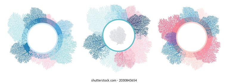 Corals. Set of round frames from silhouettes of pink and blue corals. For decorating cosmetics packaging, postcards, invitations, greetings, booklets and brochures. For decorating wedding events.