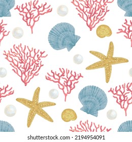 Corals, shells, starfish, pearls Seamless pattern. Texture vector illustration