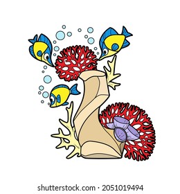 Corals and sponges grow on stone surrounded by fish  color variation for coloring page isolated on white background