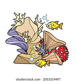 Corals and sponges grow on stone and fish swim nearby  color variation for coloring page isolated on white background