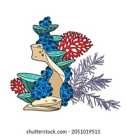 Corals and sponges grow on a tall decorative sea rock linear drawing color variation for coloring page isolated on white background