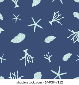 Corals and starfish seamless pattern with detailed hand drawn elements on a dark blue background. Pretty and sophisticated, great for textiles, fashion, home decor and paper items. Vector.
