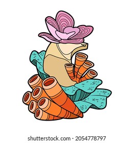 Corals and various sponges grow on rocks  color variation for coloring page isolated on white background