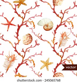 Corals, Watercolor, Vector, Pattern, Shell, Starfish