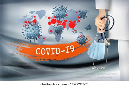 Coranavirus background with doctor holding a protective Medical Surgical Face mask and stethoscope. Disaster gloomy backdrop with virus COVID-19 moleculs. Vector