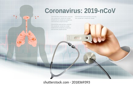 Coranavirus background with doctor holding tube with pasitiv test and stethoscope. Vector