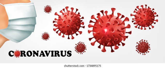 Coranavirus background with virus COVID - 19 molecules and medical mask. Vector 