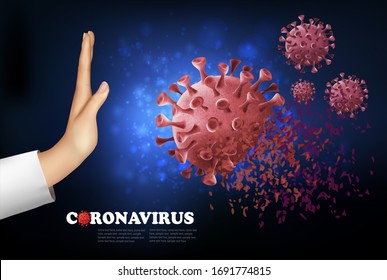 Coranavirus concept background. Hand destroying virus COVID - 19 molecules. Vector illustration