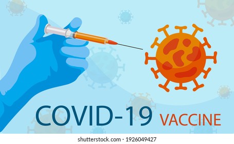 Coranavirus concept background. Hand holding syringe with vaccine destroying virus COVID - 19. Vector illustration. Anti Corona virus vaccine concept.