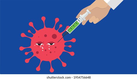 Antecedentes del concepto de Coranavirus. Jeringa de mano con virus que destruyen la vacuna COVID - 19 moléculas llorando . Ilustración vectorial.