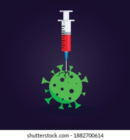 Coranavirus concept background. syringe with vaccine destroying virus COVID - 19 molecules. Vector illustration.
