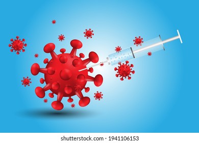 Coranavirus concept background. Syringe with vaccine destroying virus COVID - 19 molecules. Vector illustration.