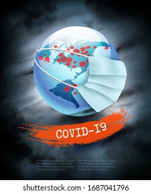 Coranavirus pandemic background.  Earth globe wearing protective Medical Surgical Face mask. Disaster gloomy backdrop. Vector