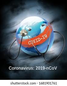 Coranavirus pandemic background with a stethoscope against a globe. Disaster gloomy backdrop. Vector