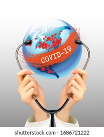 Coranavirus pandemic background with a stethoscope against a globe.  Vector