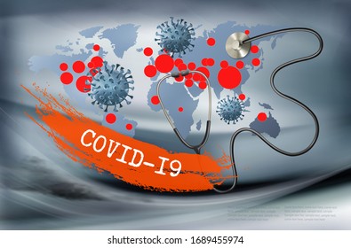 Coranavirus pandemic background with a stethoscope and virus moleculs against a map of world. Disaster gloomy backdrop. Vector