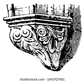 Corbel to support the parapet, technique of corbelling, rows of corbels deeply keyed, vintage line drawing or engraving illustration.