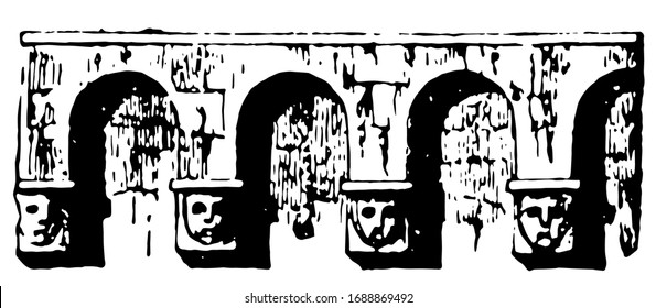 Corbel-Table is supported by timbers, supporting some heavy feature, below the eaves of a roof, vintage line drawing or engraving illustration.