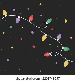 Cord of colourful Christmas lights. Background with ornaments. Vector illustration